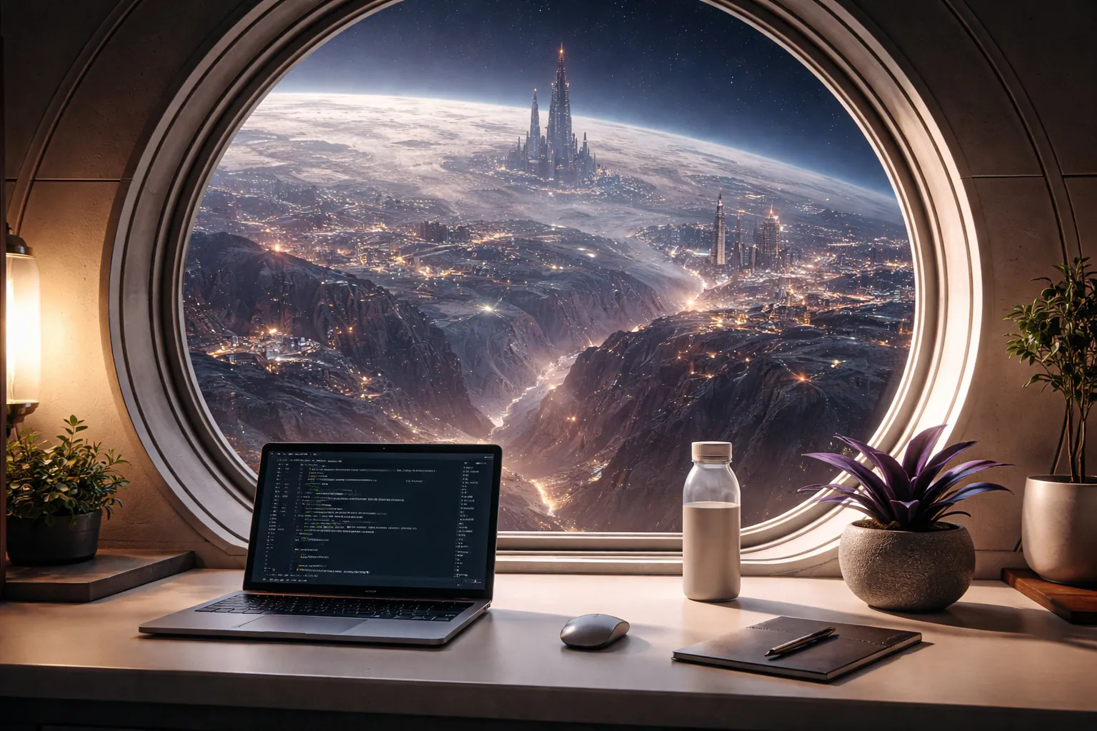 A desk with a laptop and plants in front of a round window, looking down on a lit city and tall spires on the surface below.